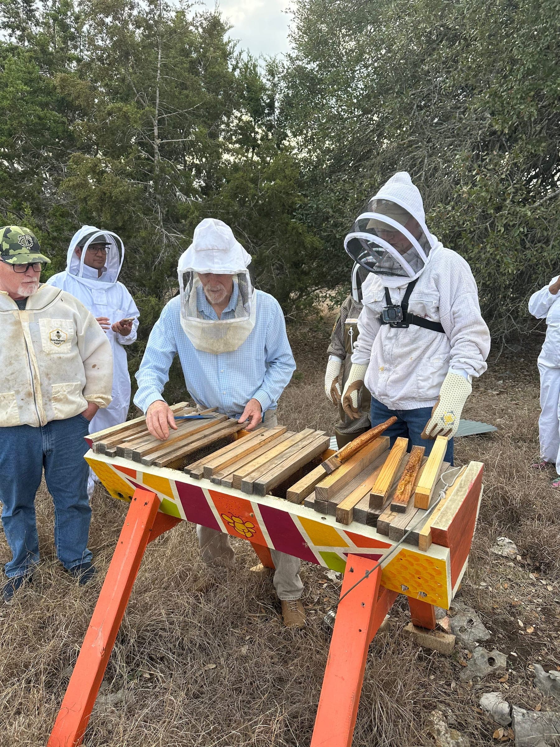 A group in bee suits working a top-bar hive